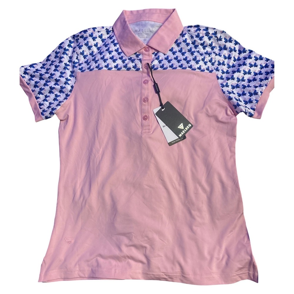 NEW MAELREG Women's Pink Blue Bird Print Performance Golf Polo Shirt Size Small